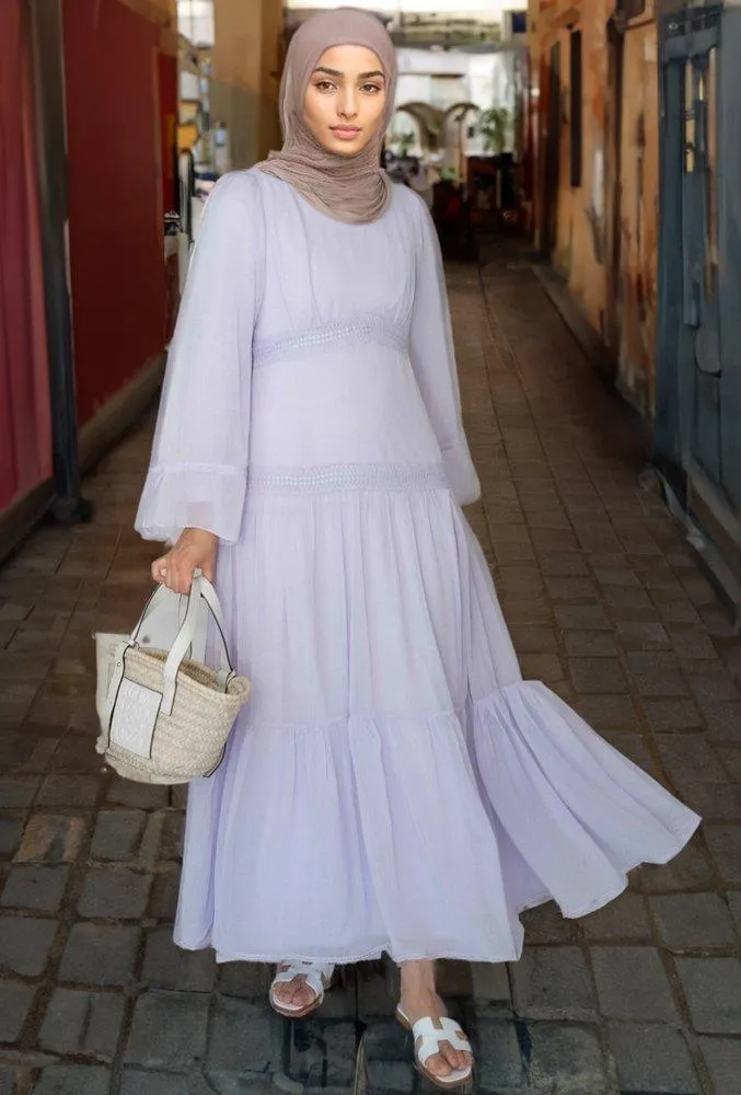 Lavender Vivvie classic chiffon dress lined not sheer with maxi sleeve and lace detail