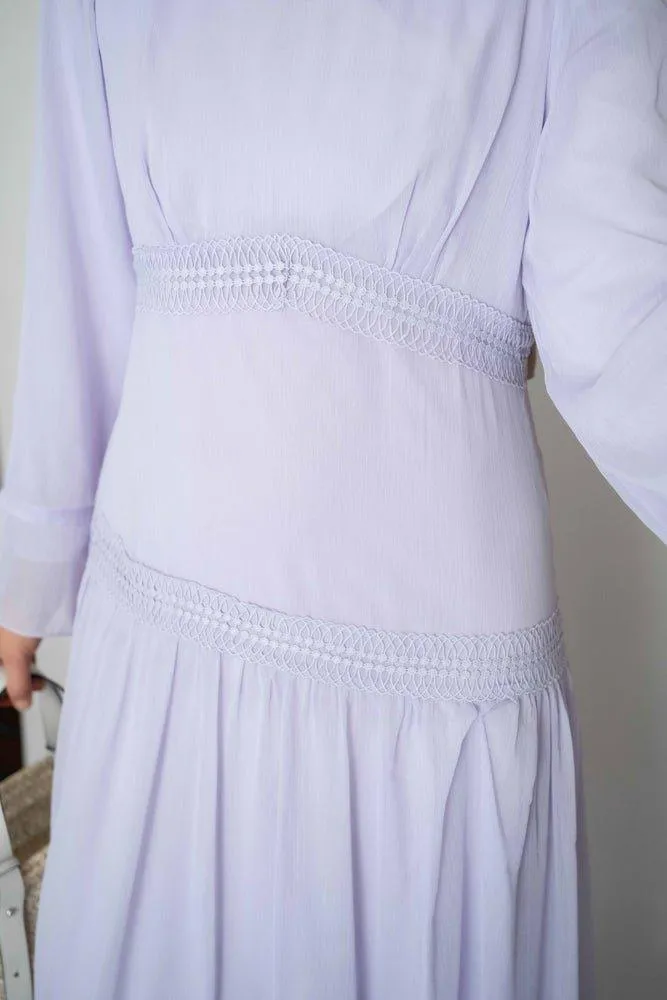 Lavender Vivvie classic chiffon dress lined not sheer with maxi sleeve and lace detail