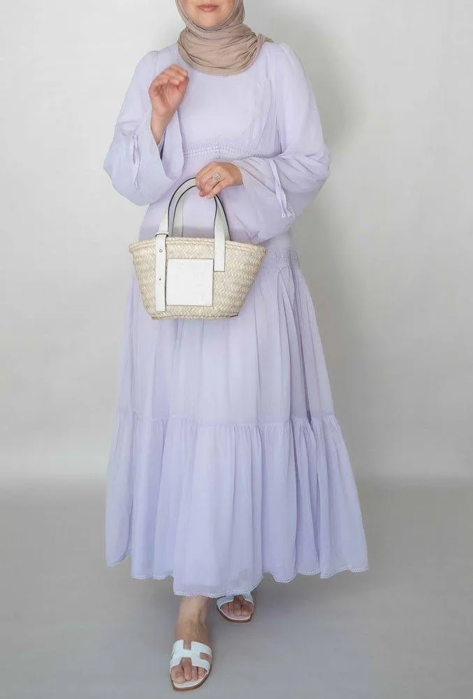 Lavender Vivvie classic chiffon dress lined not sheer with maxi sleeve and lace detail