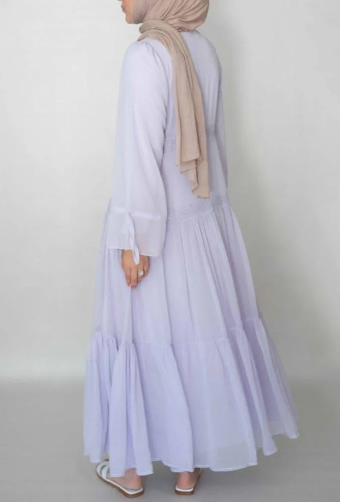 Lavender Vivvie classic chiffon dress lined not sheer with maxi sleeve and lace detail