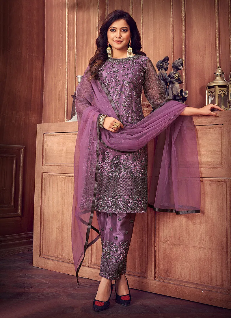 Lavender Zari Embroidered Traditional Pant Suit