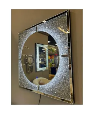 LAXMI Glass Shop Round Wall Mirror | Mirror for Home Decoration in Crystal Crush Diamond Silver | 23.6x23.6x1 inch Wall Hang Framed Mirror Glass Diamond Dcor