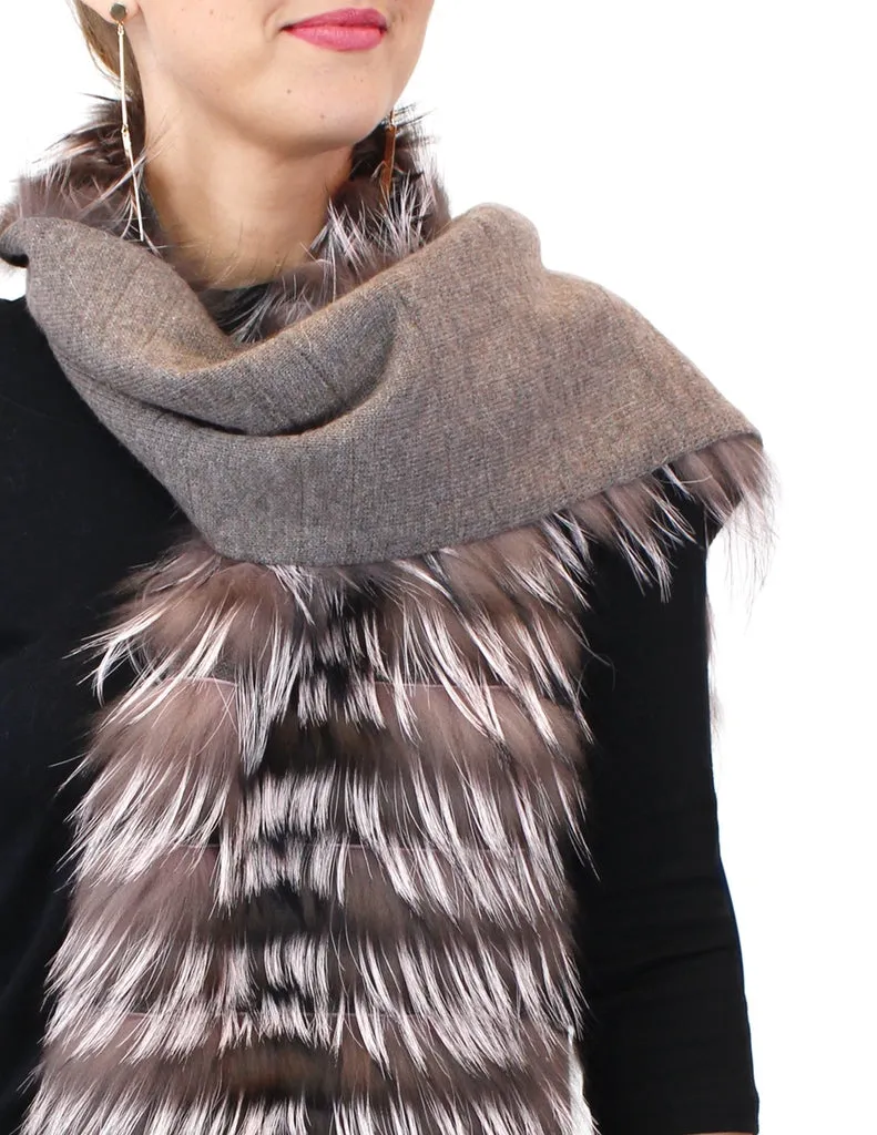 LAYERED SILVER FOX FUR & KNITTED CASHMERE SCARF