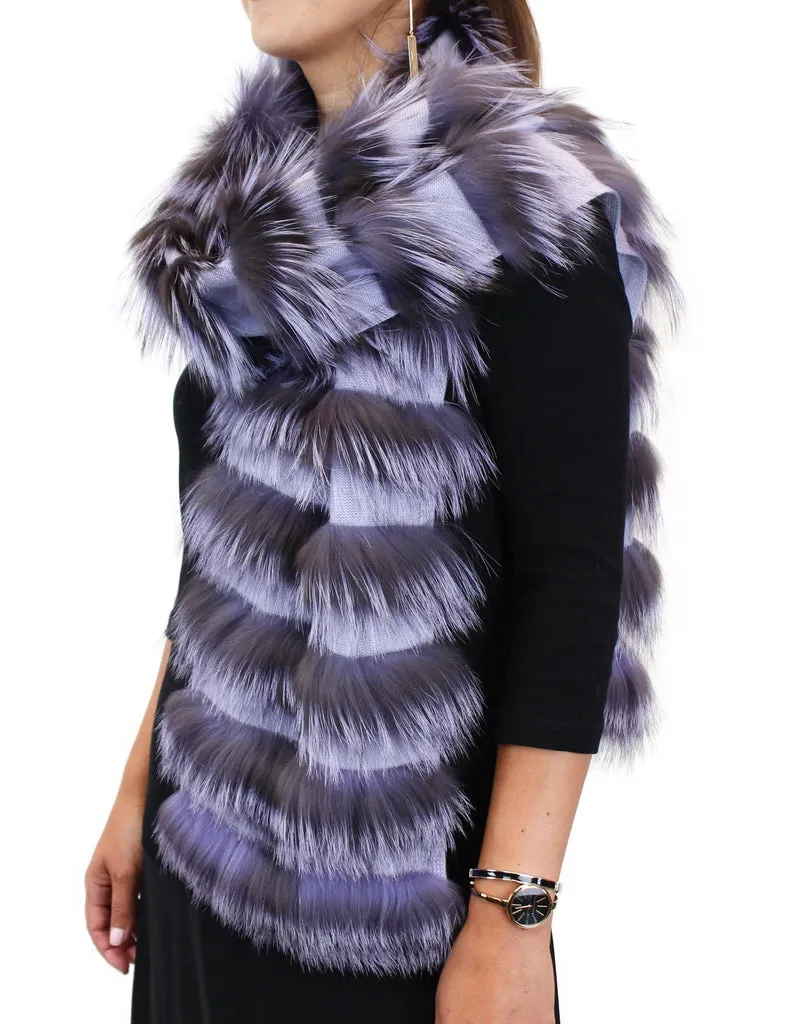 LAYERED SILVER FOX FUR & KNITTED CASHMERE SCARF