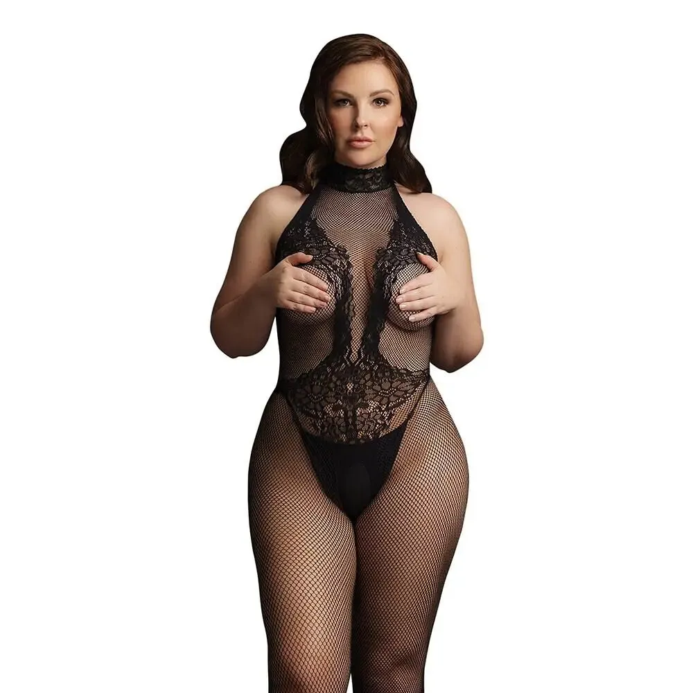 Le Desir Black Fishnet and Lace Plus Size Bodystocking Uk 14 to 20