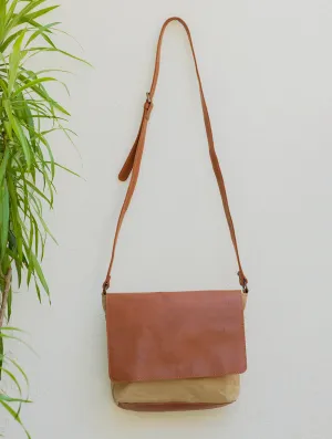 Leather & Fabric Sling Bag -  Camel & Beige