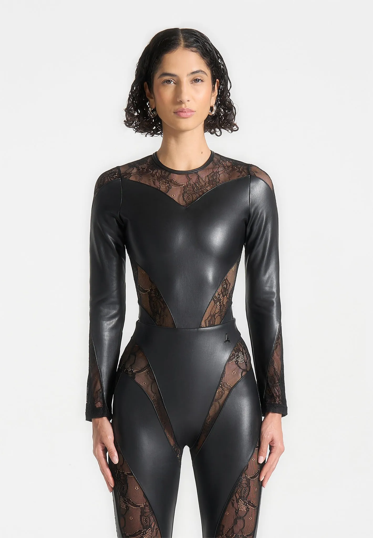 Leather and Lace Contour Bodysuit - Black