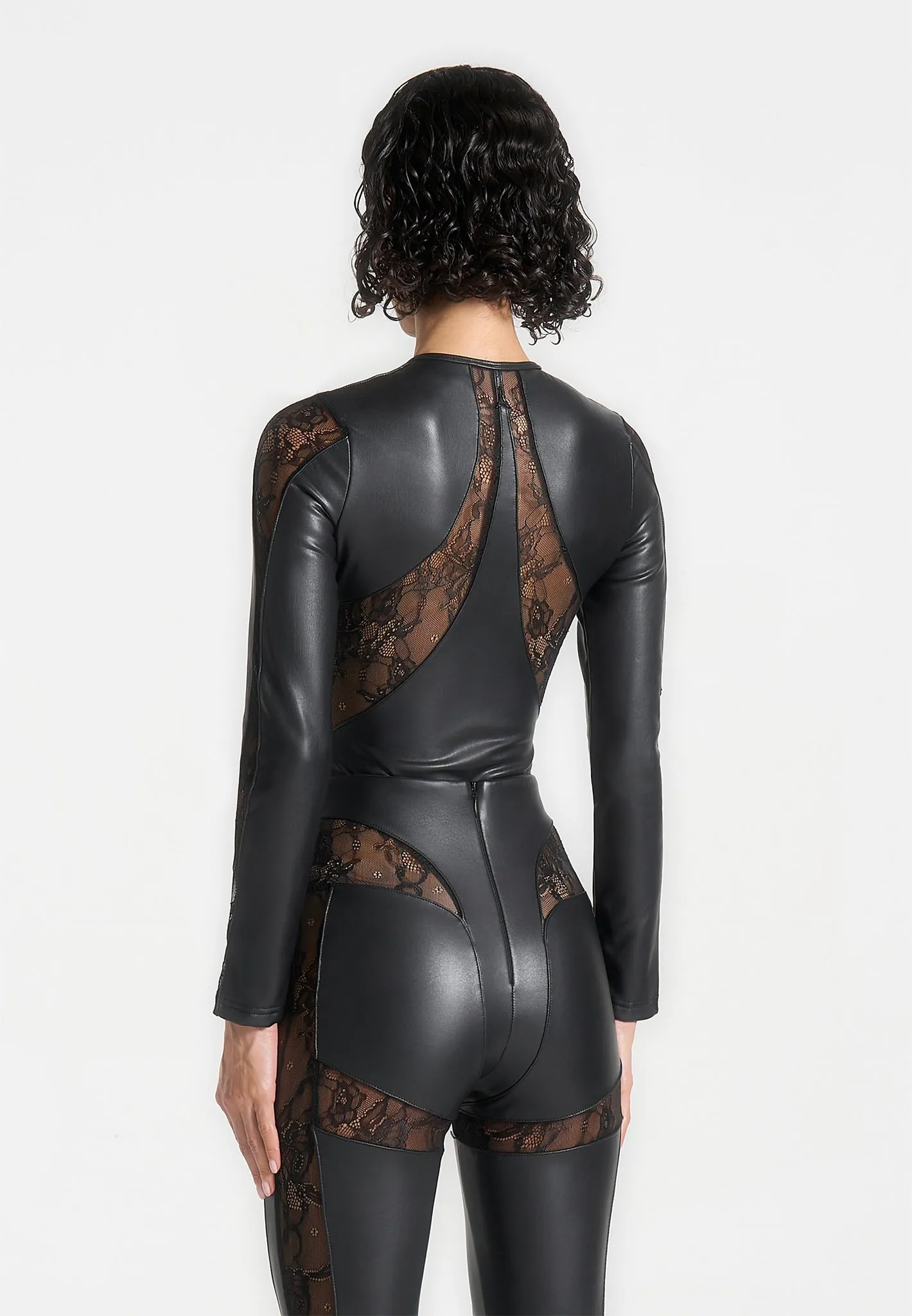 Leather and Lace Contour Bodysuit - Black