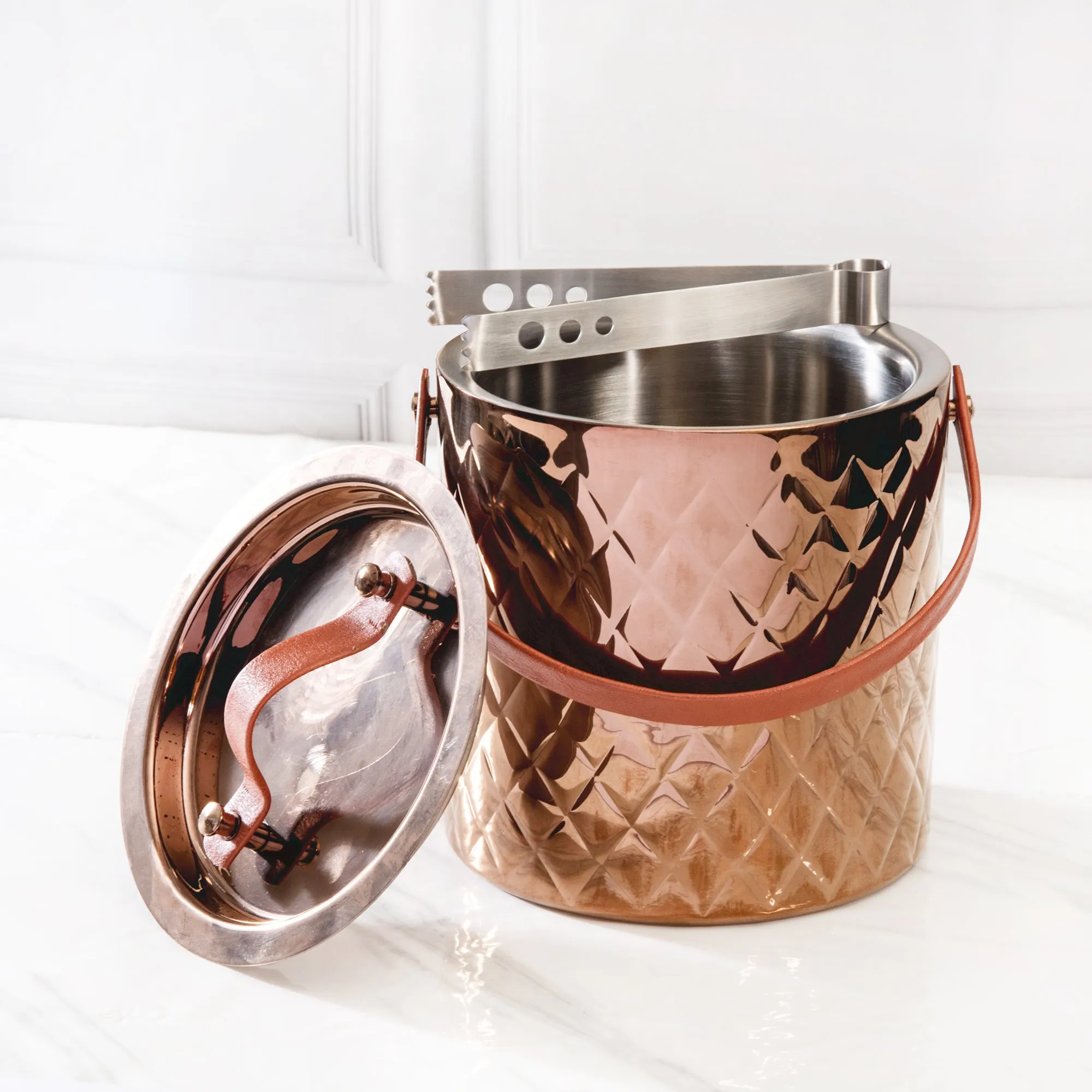 LEATHER HANDLE ICE BUCKET WITH TONG