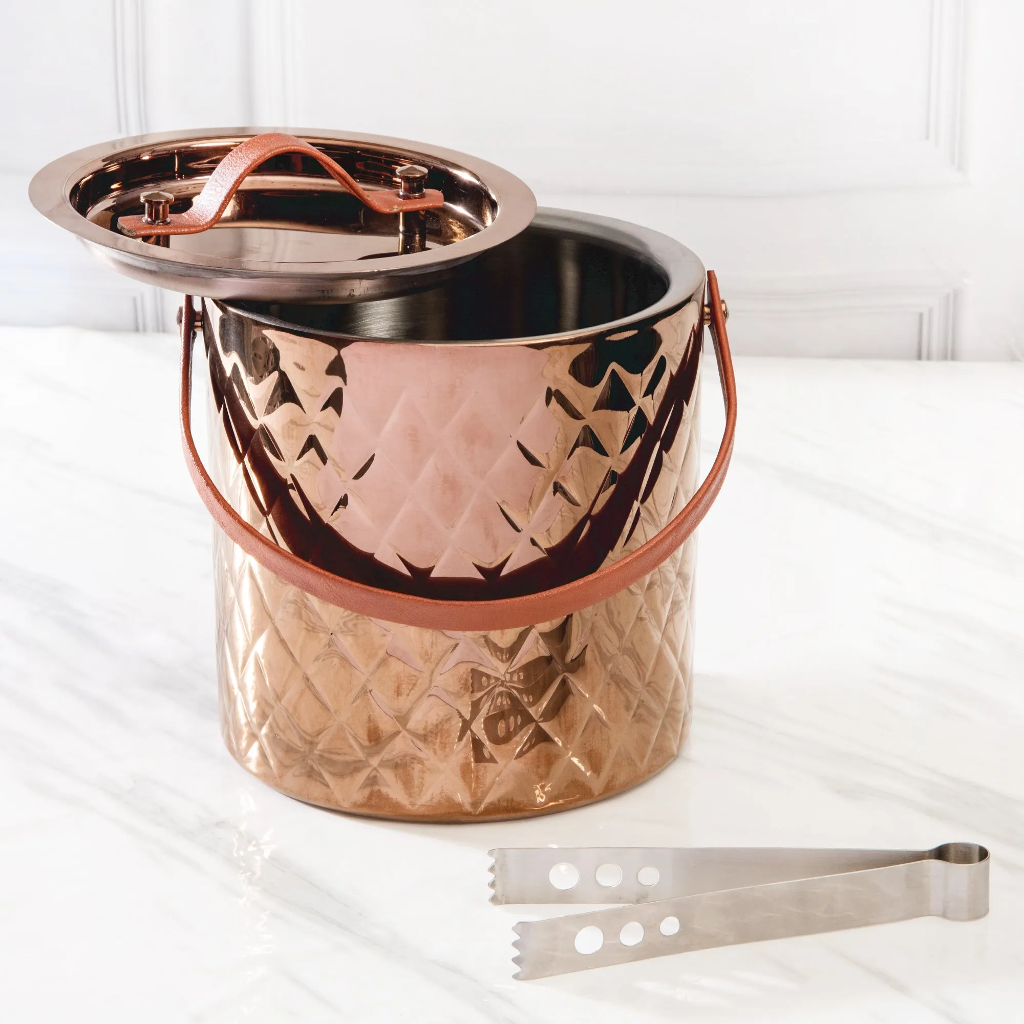 LEATHER HANDLE ICE BUCKET WITH TONG