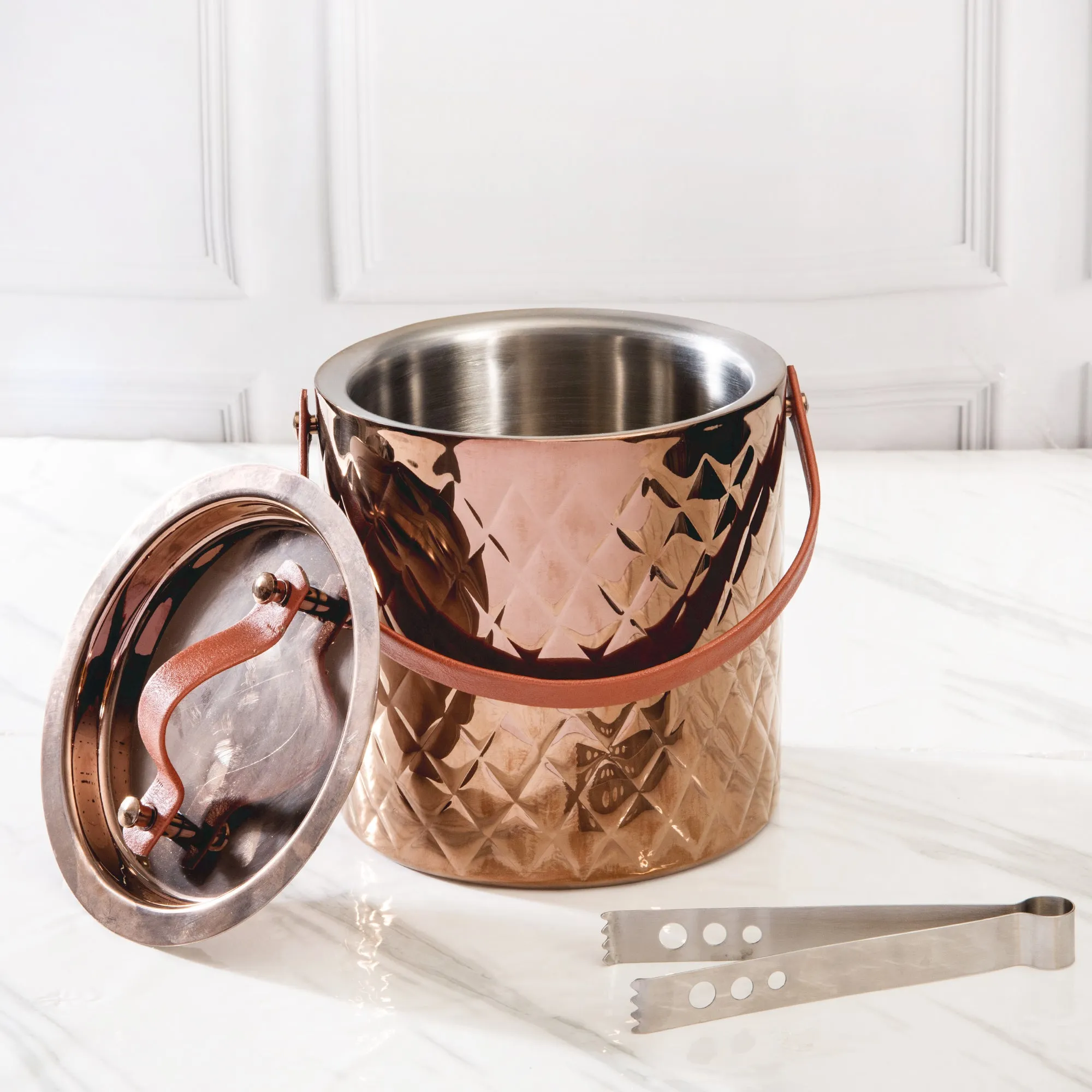 LEATHER HANDLE ICE BUCKET WITH TONG