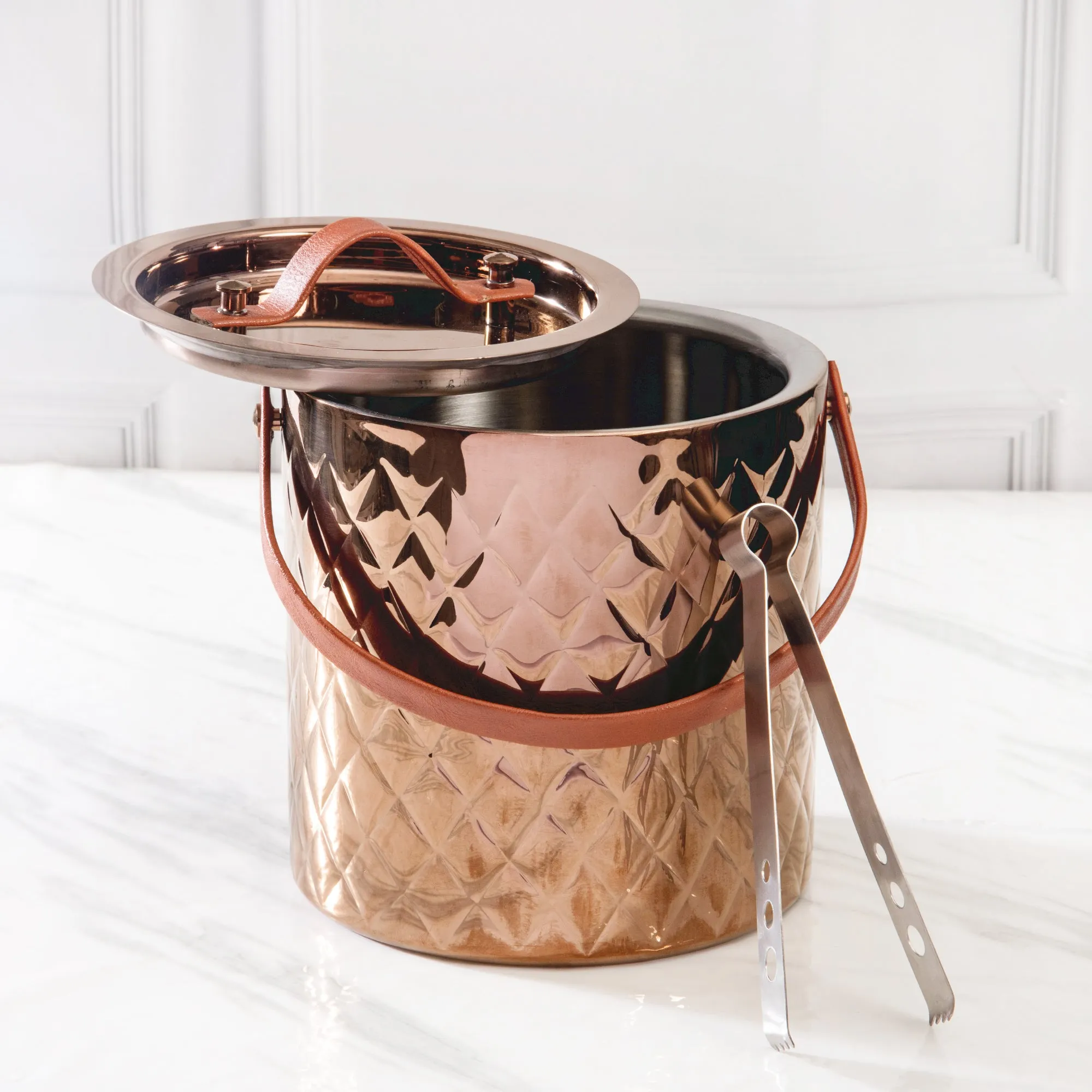 LEATHER HANDLE ICE BUCKET WITH TONG