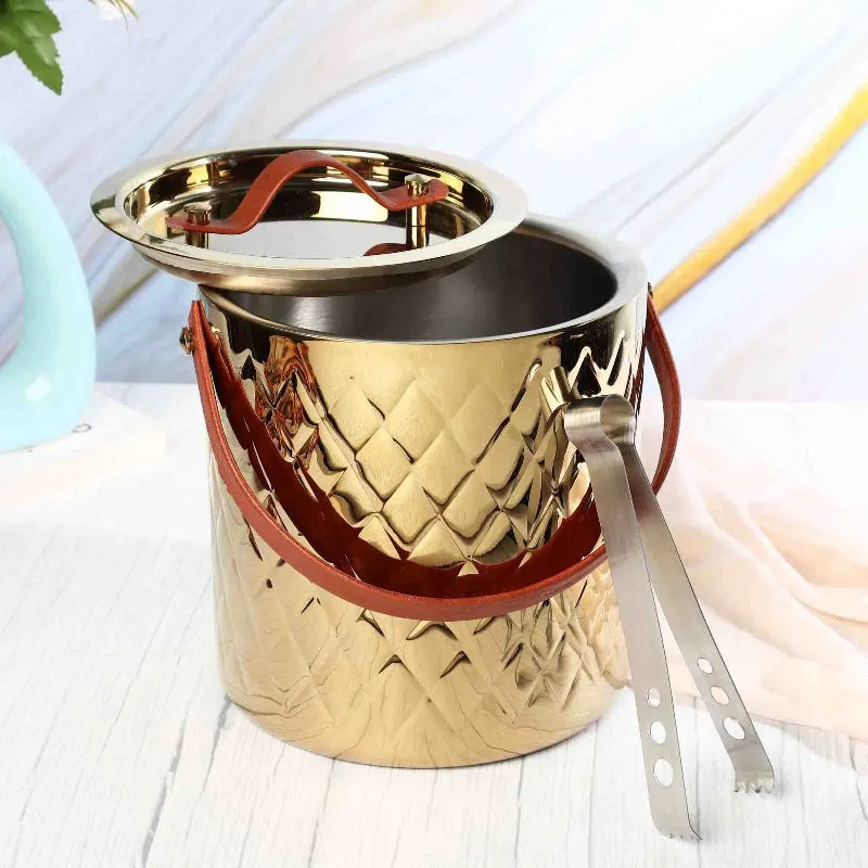 LEATHER HANDLE ICE BUCKET WITH TONG