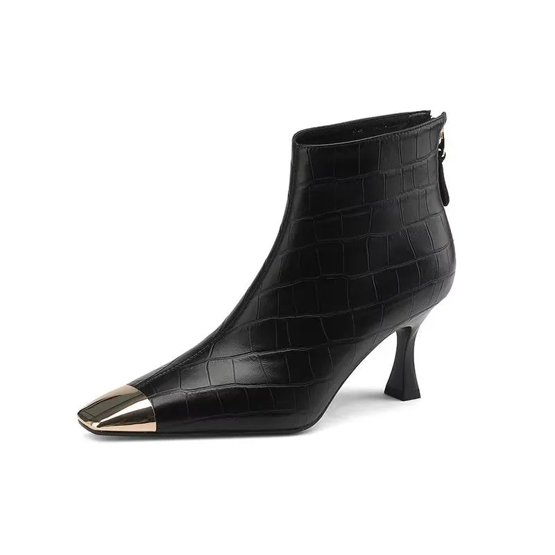 Leather Luxe Croc-Pattern Ankle Boots