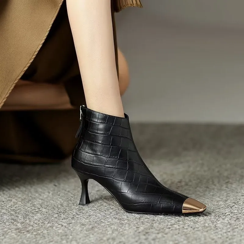 Leather Luxe Croc-Pattern Ankle Boots