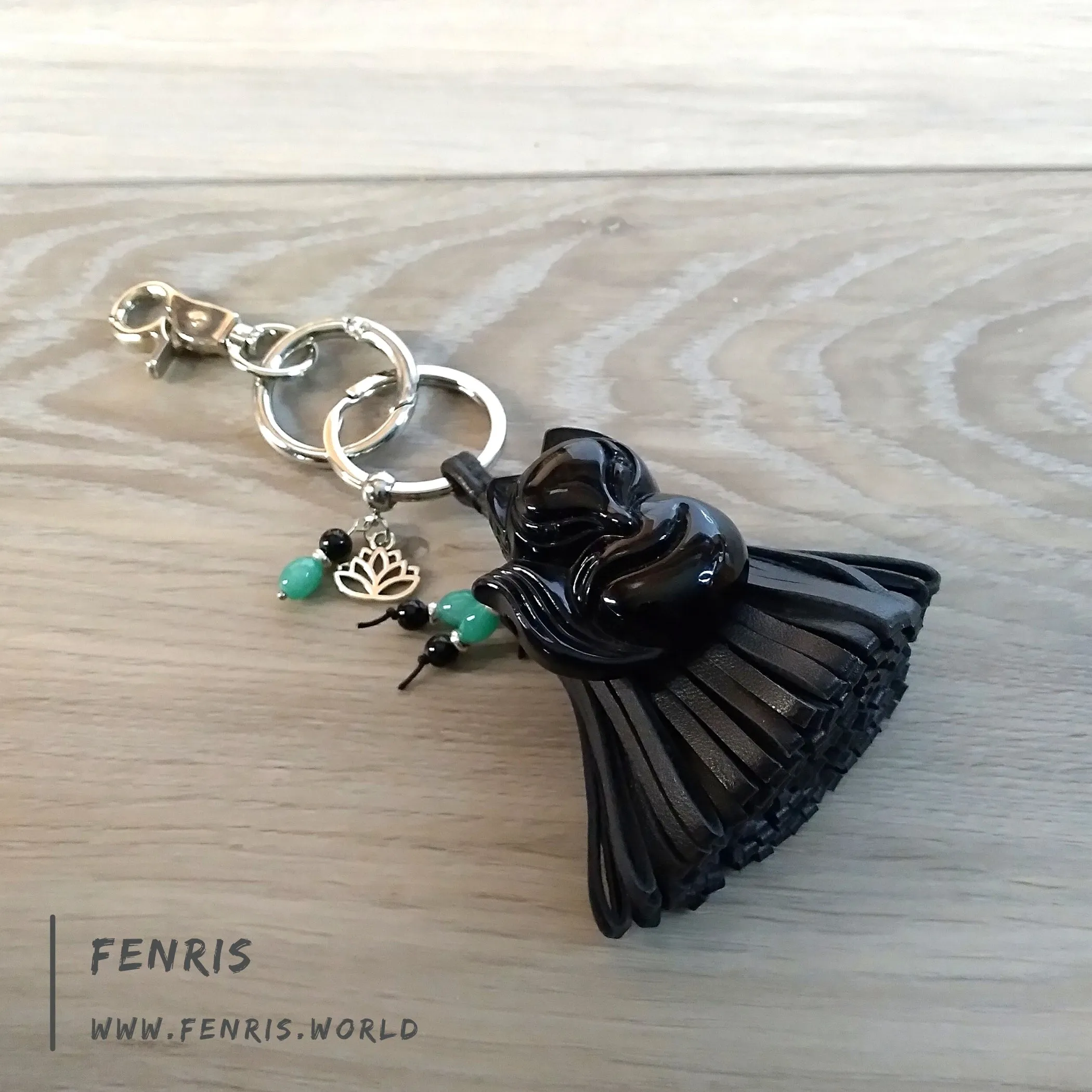 Leather Tassel Keychain Black Fox Obsidian Jade