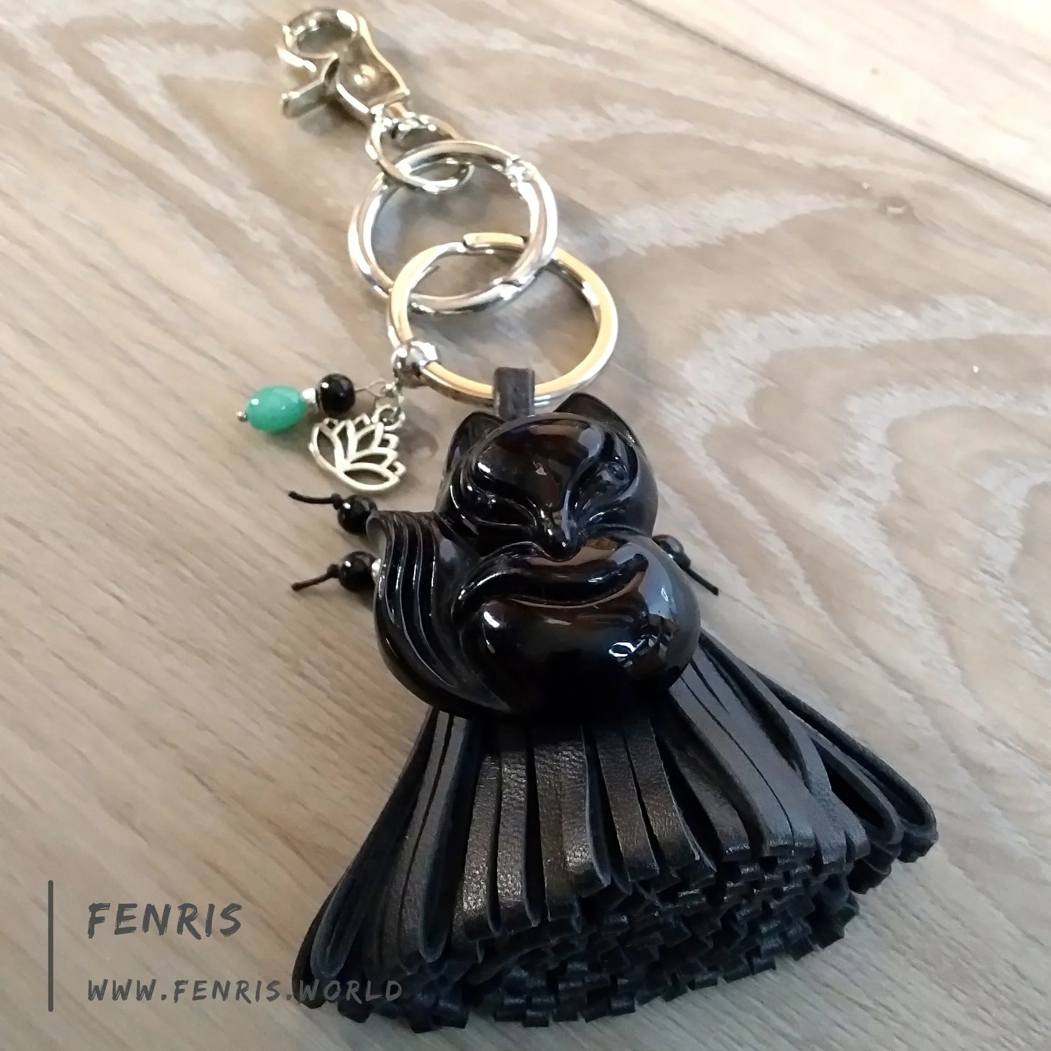 Leather Tassel Keychain Black Fox Obsidian Jade