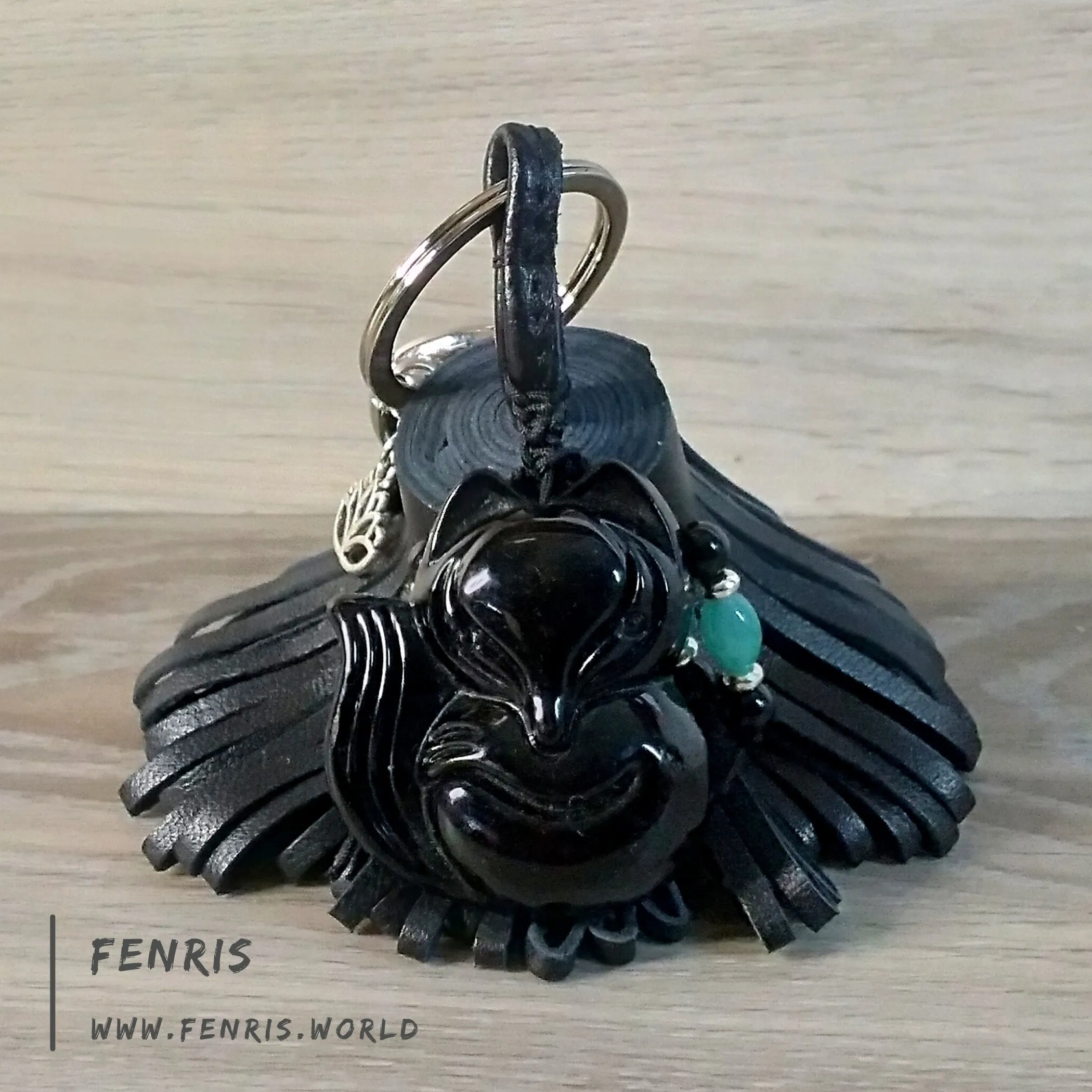 Leather Tassel Keychain Black Fox Obsidian Jade