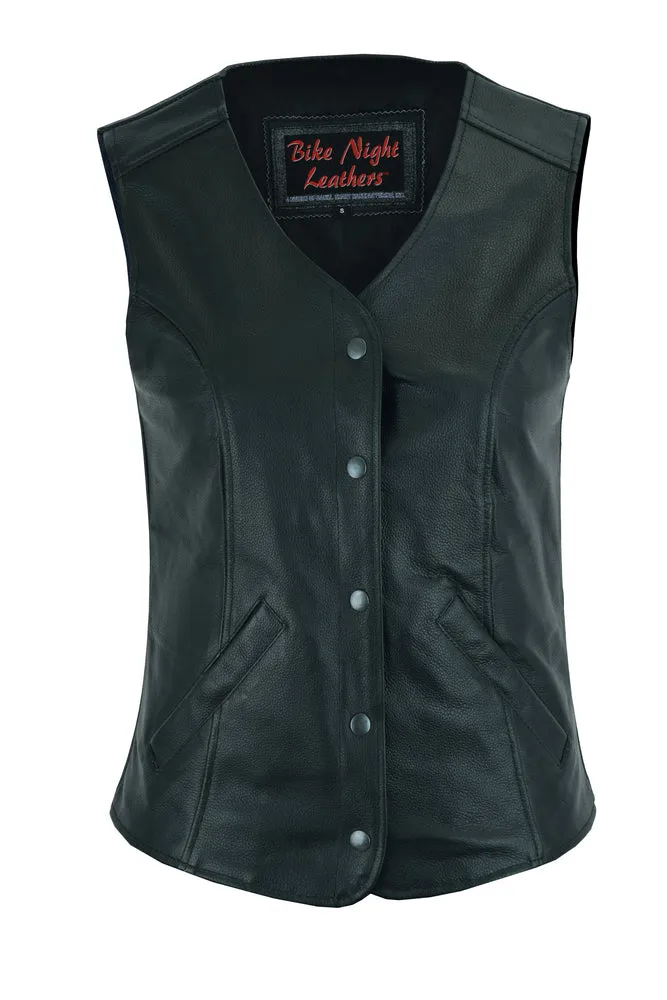 Leather Women's Stylish Longer Body Bike Night Leather Vest - Plain Sides