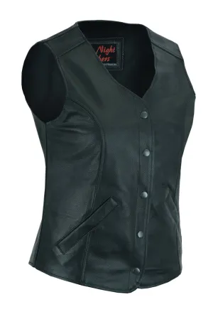 Leather Women's Stylish Longer Body Bike Night Leather Vest - Plain Sides