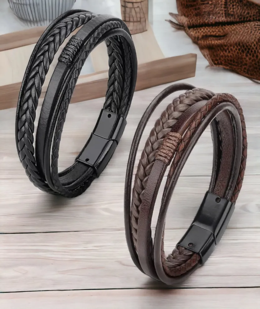 Leather Wrap Bracelet For Men and Women Multi Layer Wristband Multi Strand Unisex Plain Magnetic Closure