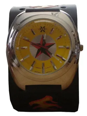 Leather Yellow Flames Watch (Yellow Face)