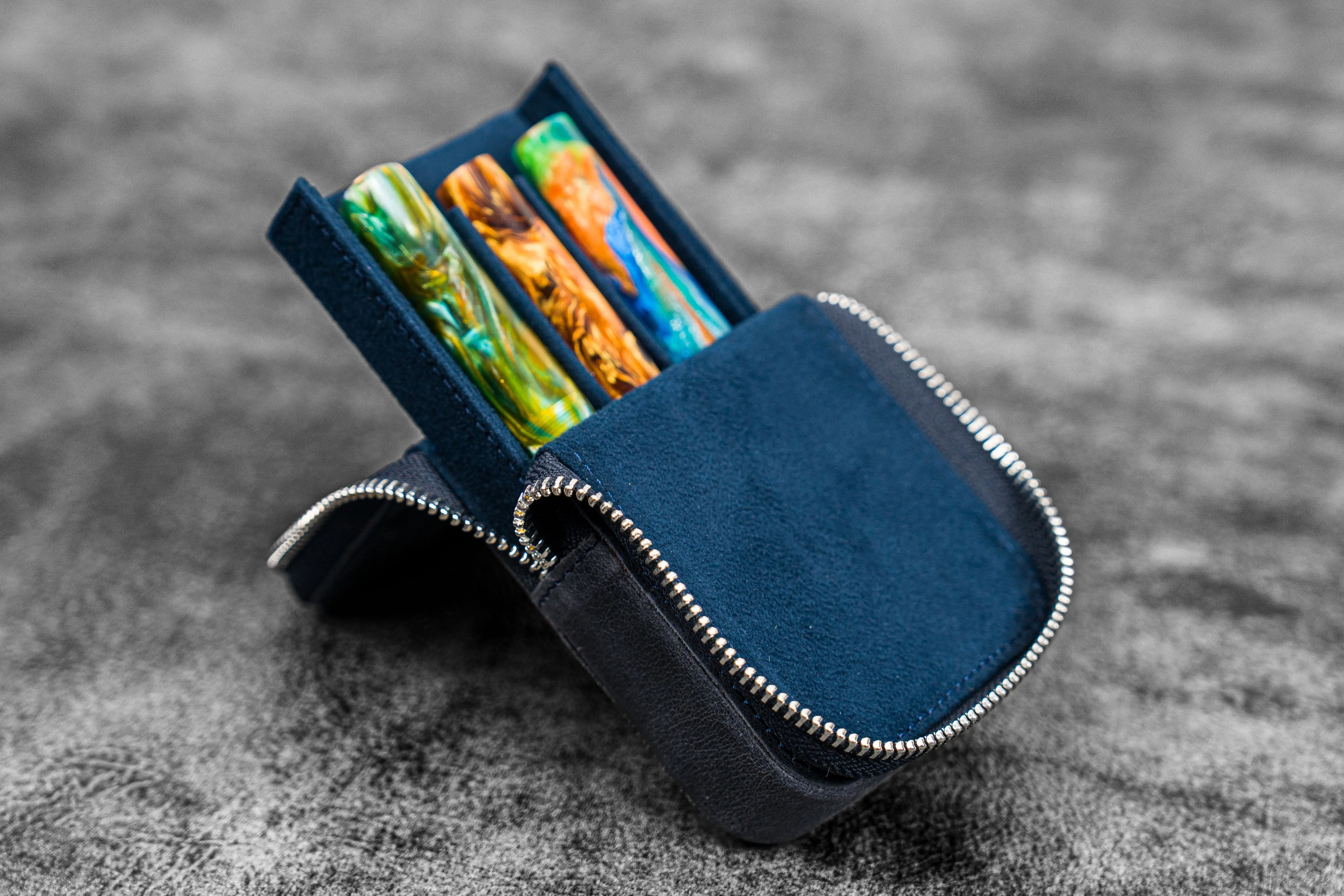 Leather Zippered Magnum Opus 3 Slots Hard Pen Case with Removable Pen Tray - Crazy Horse Navy Blue