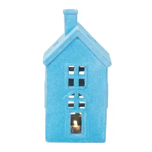 LED Flocked Blue House Figurine