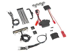 LED light kit, 1/16th Summit (power supply, chrome lightbar, roof light harness (4 clear, 2 red), chassis harness (4 clear, 2 red), wire ties, mounts)