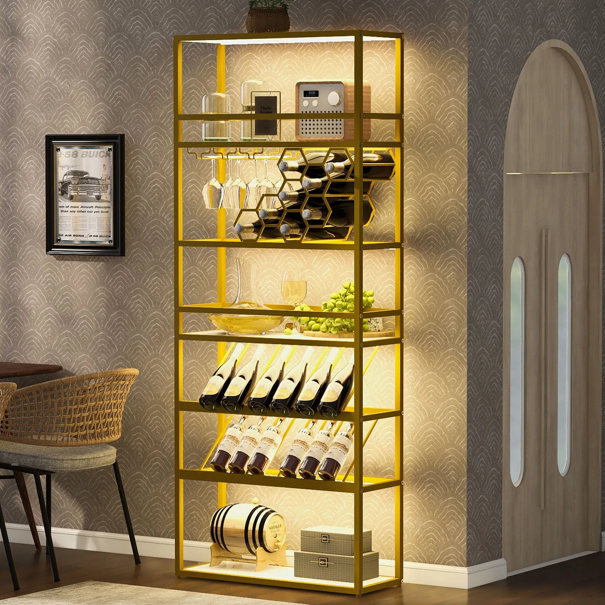 LED Tall Wine Rack Freestanding Floor, 7 Tier Wine Baker Rack With Glass Holder & Wine Storage, Industrial Wine Display Shelf Wine Bar Cabinet For Bar, Kitchen, Dining Room