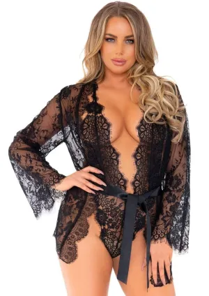 Leg Avenue Floral Lace Teddy with Adjustable Straps and Cheeky Thong Back, Matching Lace Robe with Scalloped Trim and Satin Tie