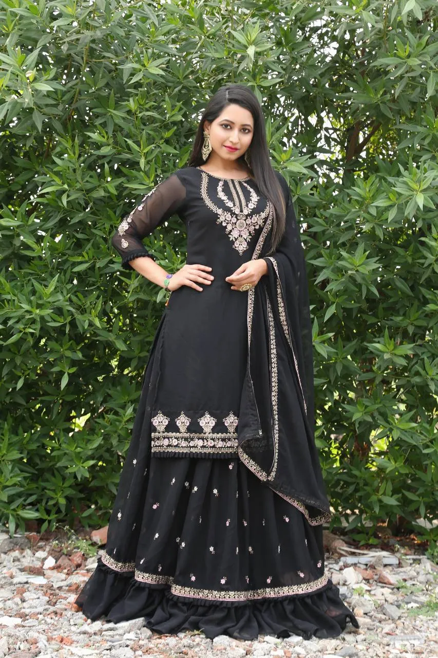 Lehenga Suit Set in Black with Intricate Embroidery Design