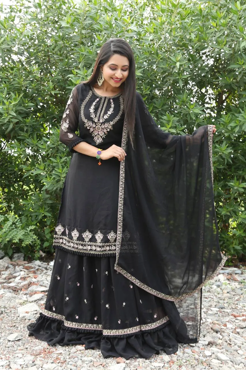 Lehenga Suit Set in Black with Intricate Embroidery Design