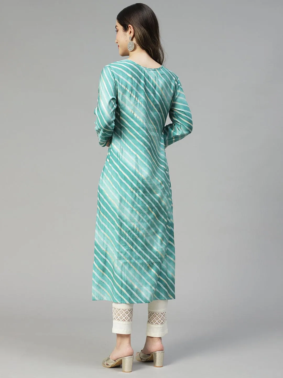 Leheriya Printed & Embroidered Straight Fit Kurta - Mint Green