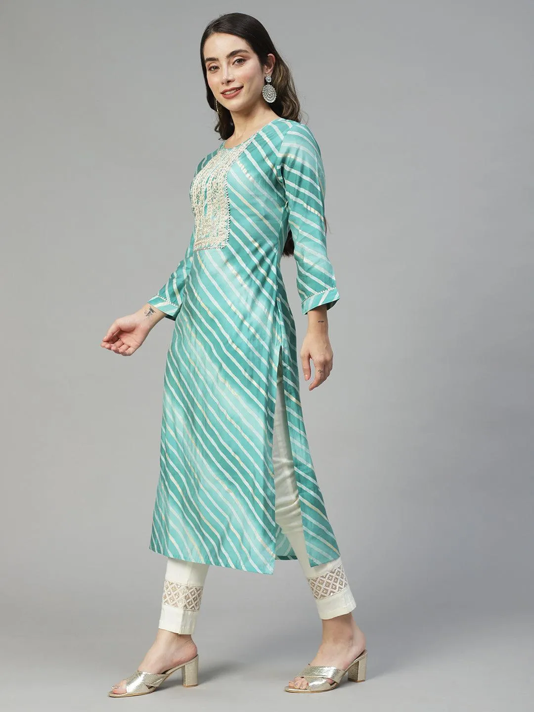 Leheriya Printed & Embroidered Straight Fit Kurta - Mint Green