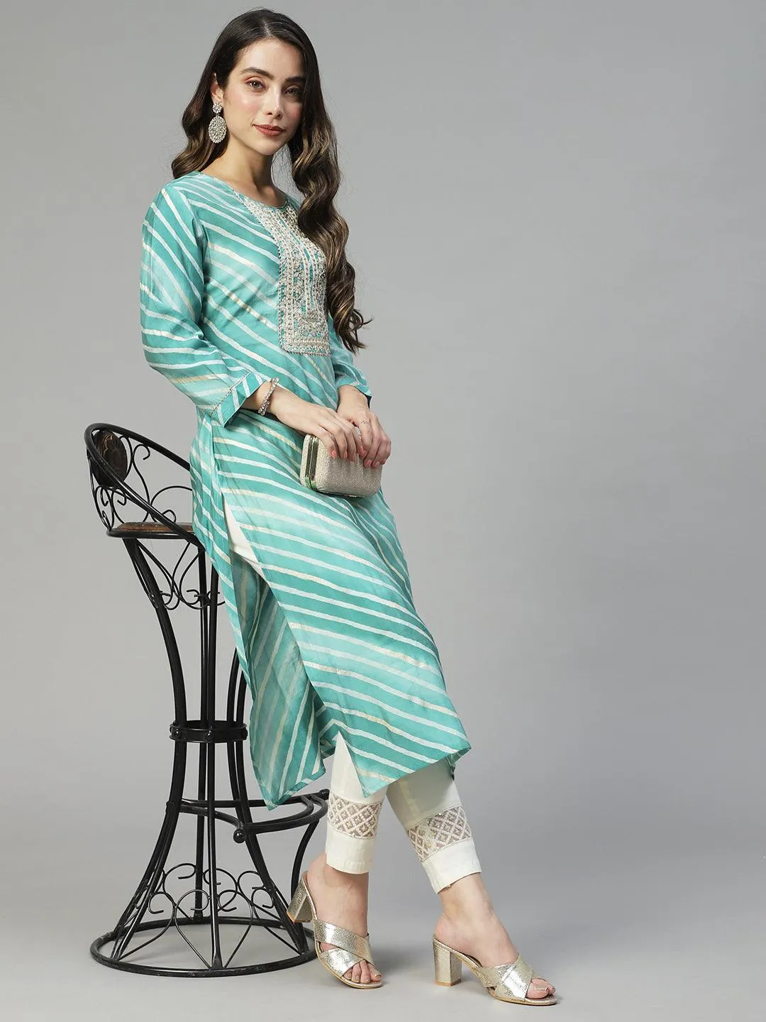 Leheriya Printed & Embroidered Straight Fit Kurta - Mint Green