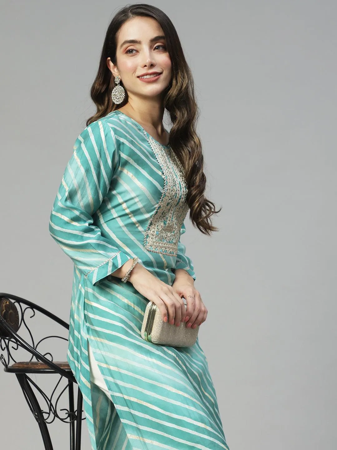 Leheriya Printed & Embroidered Straight Fit Kurta - Mint Green