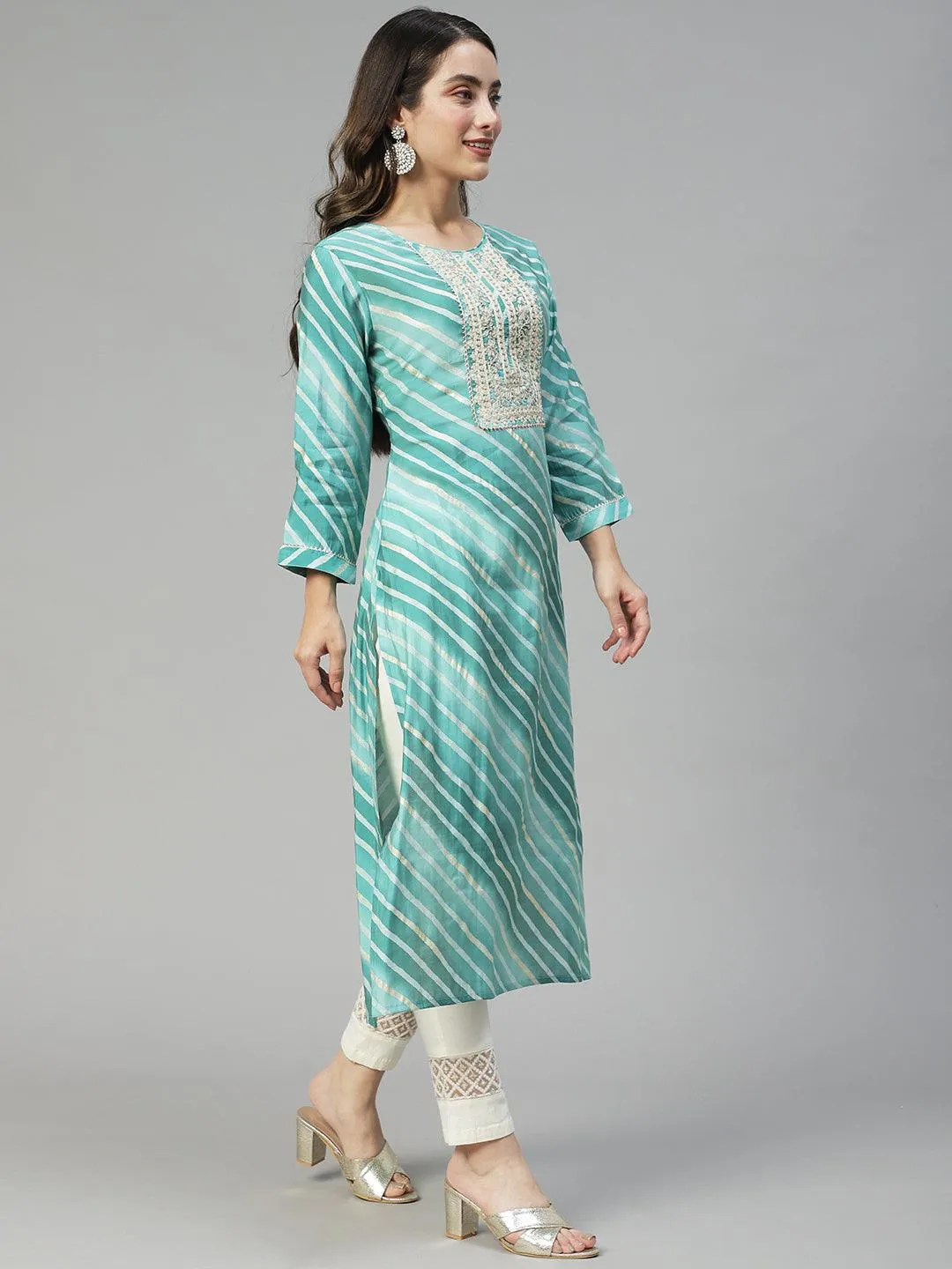 Leheriya Printed & Embroidered Straight Fit Kurta - Mint Green