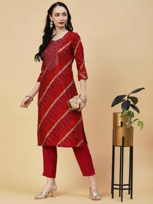 Lehriya & Foil Printed Mirror & Resham Embroidered Kurta With Pants - Red