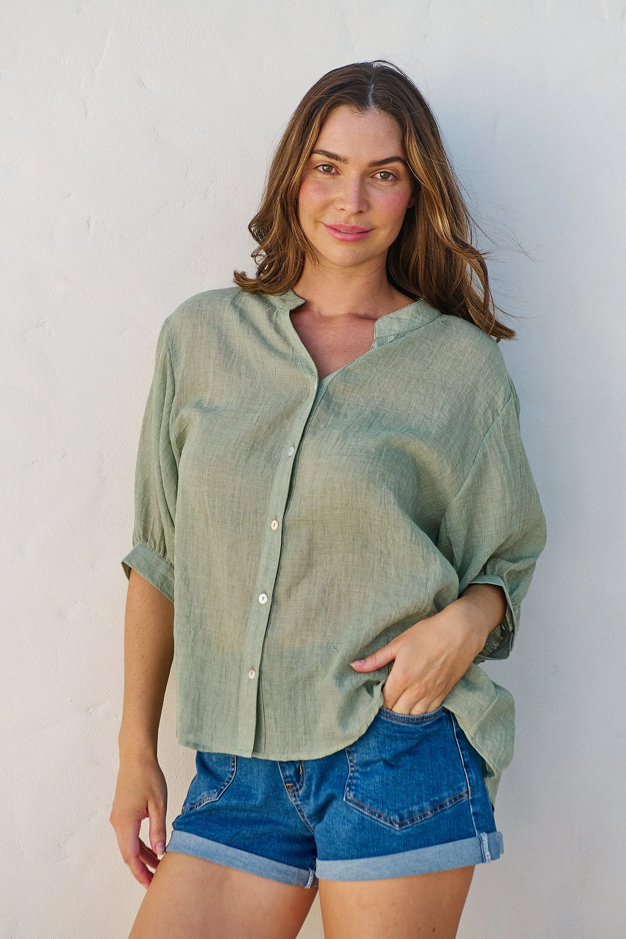 Leia Sage Button Up 3/4 Sleeve Shirt