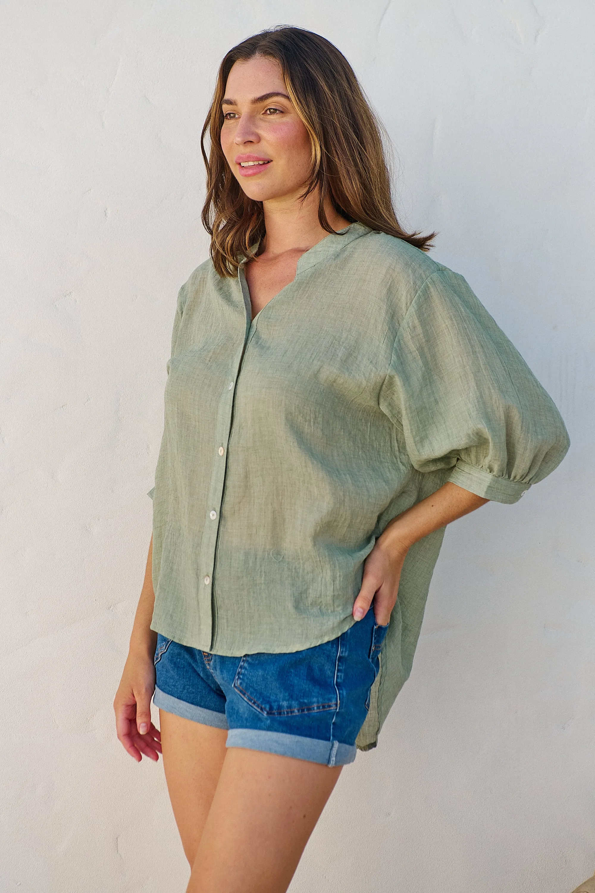 Leia Sage Button Up 3/4 Sleeve Shirt