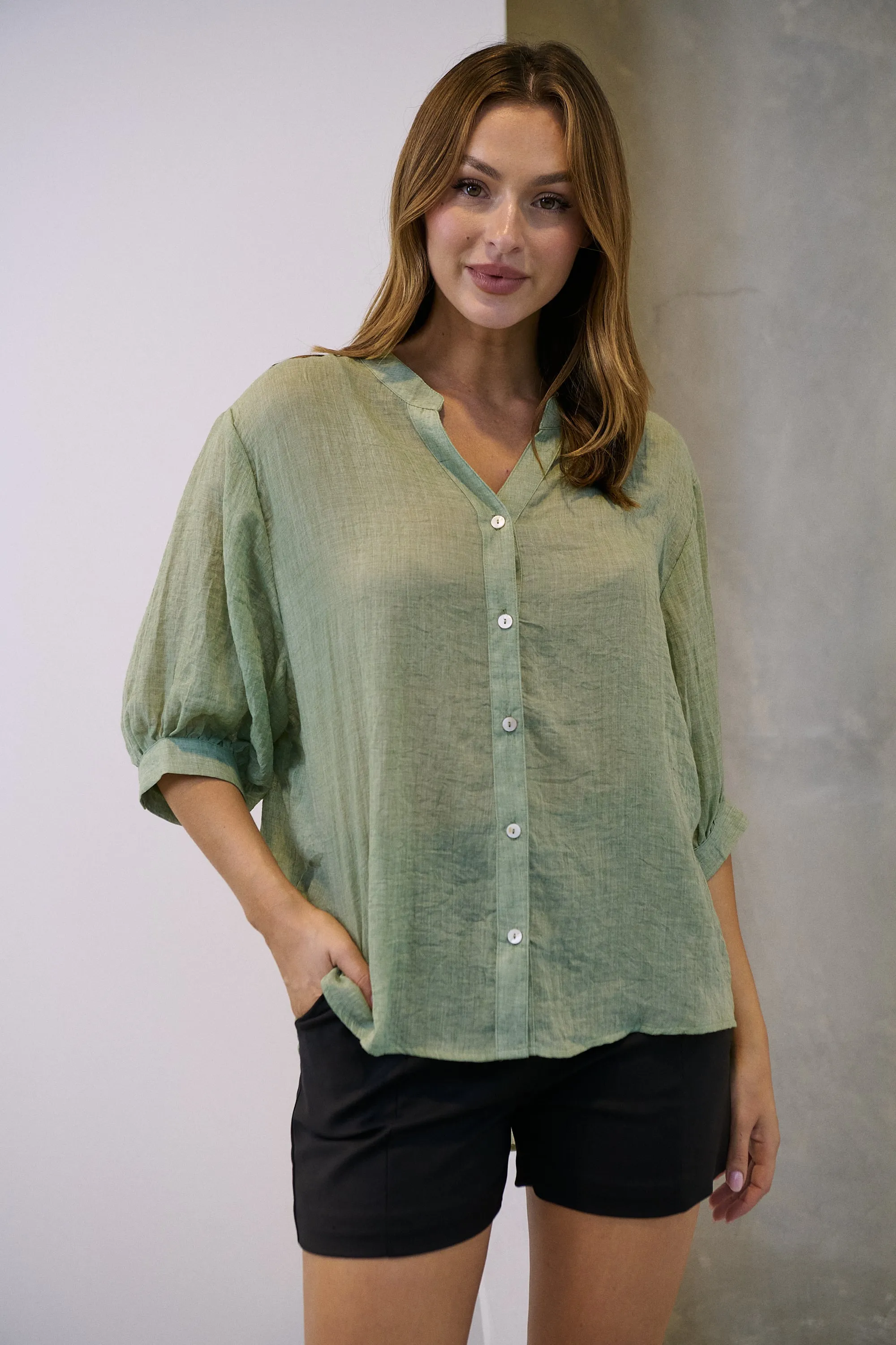 Leia Sage Button Up 3/4 Sleeve Shirt