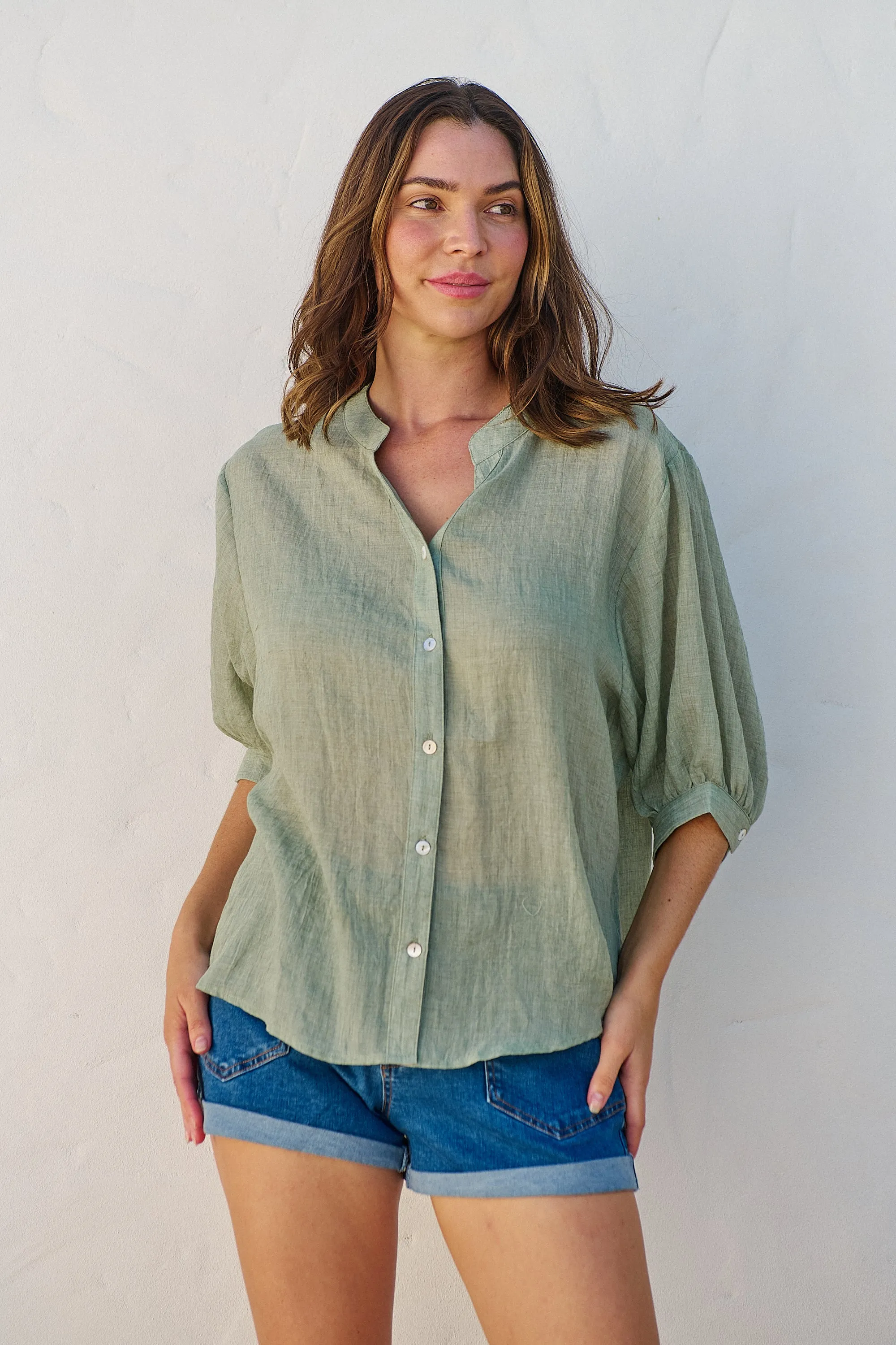 Leia Sage Button Up 3/4 Sleeve Shirt