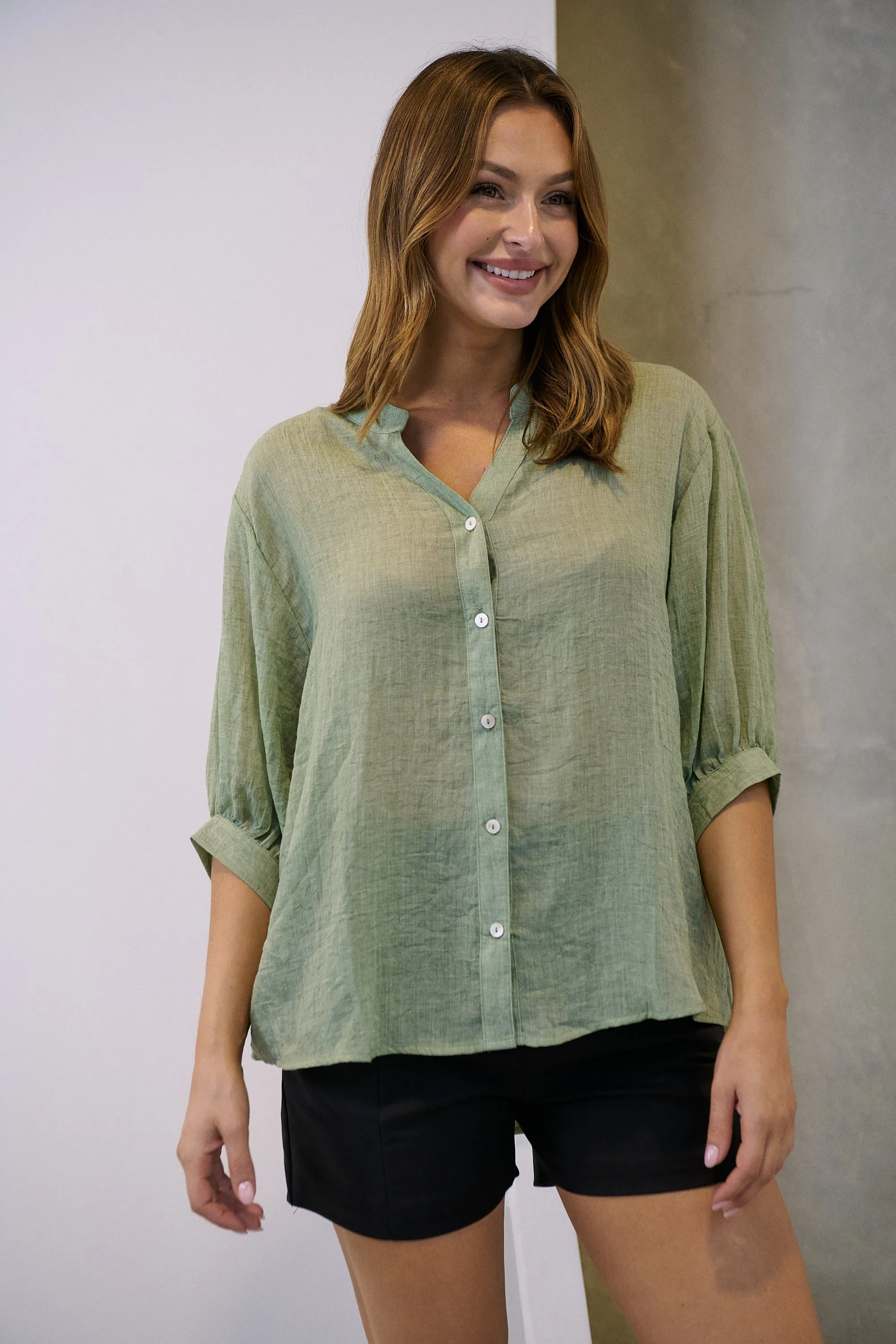 Leia Sage Button Up 3/4 Sleeve Shirt