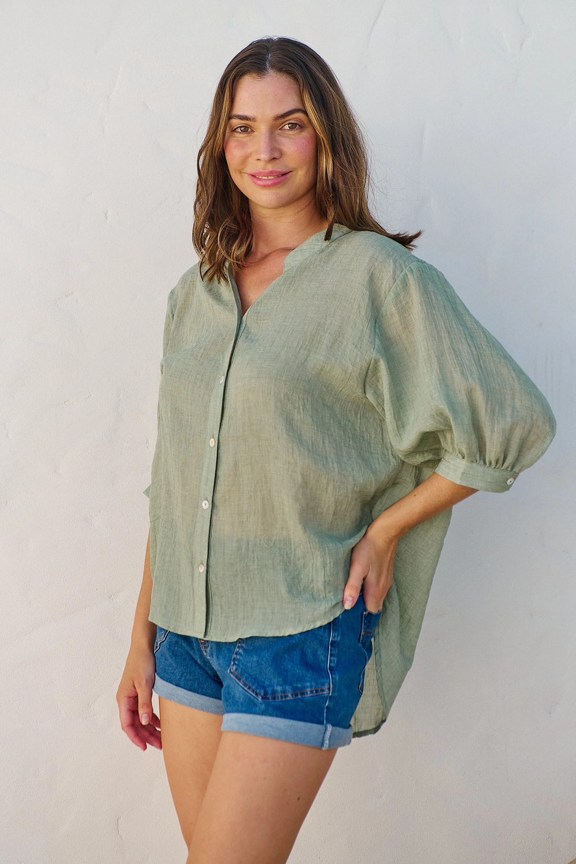 Leia Sage Button Up 3/4 Sleeve Shirt