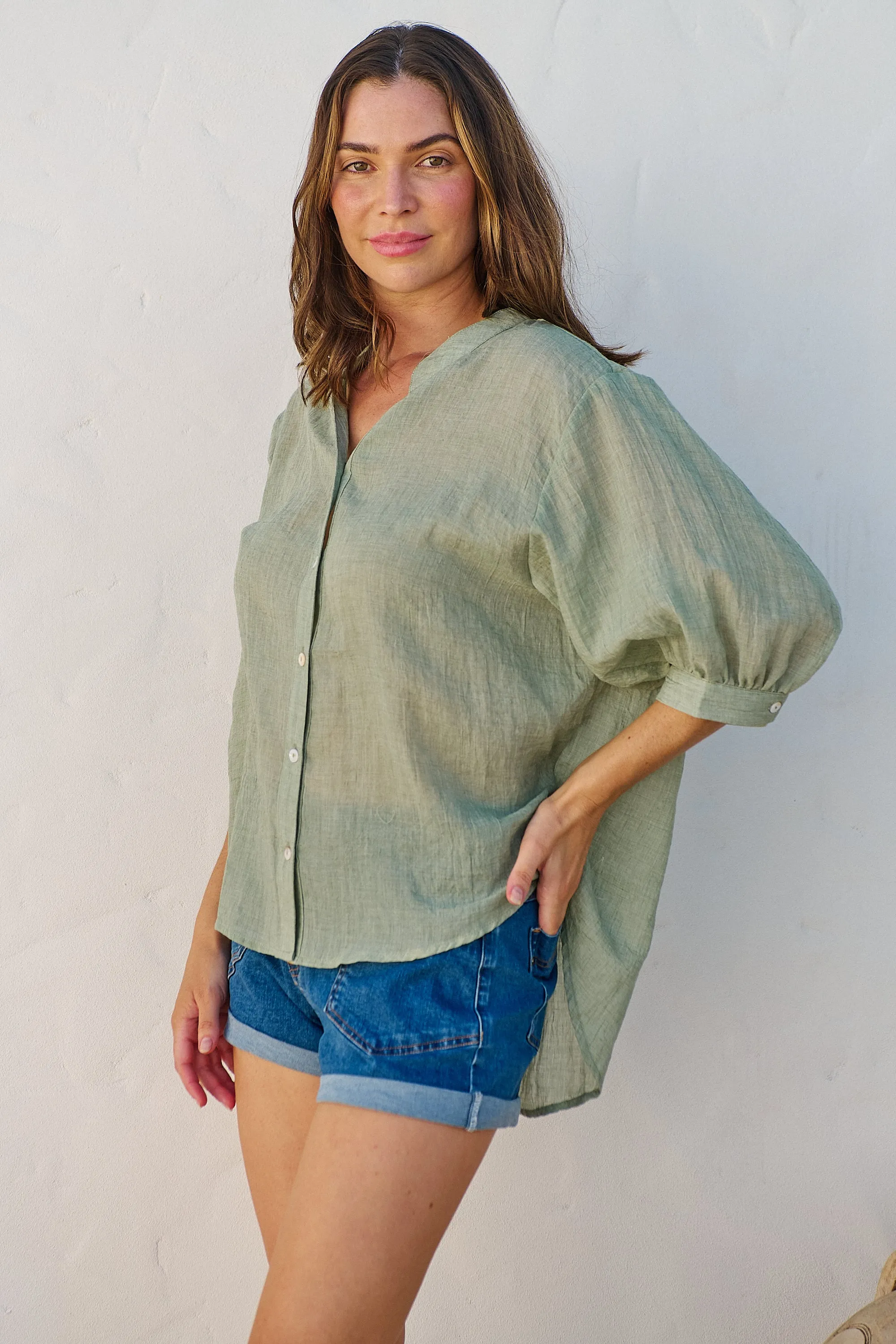 Leia Sage Button Up 3/4 Sleeve Shirt