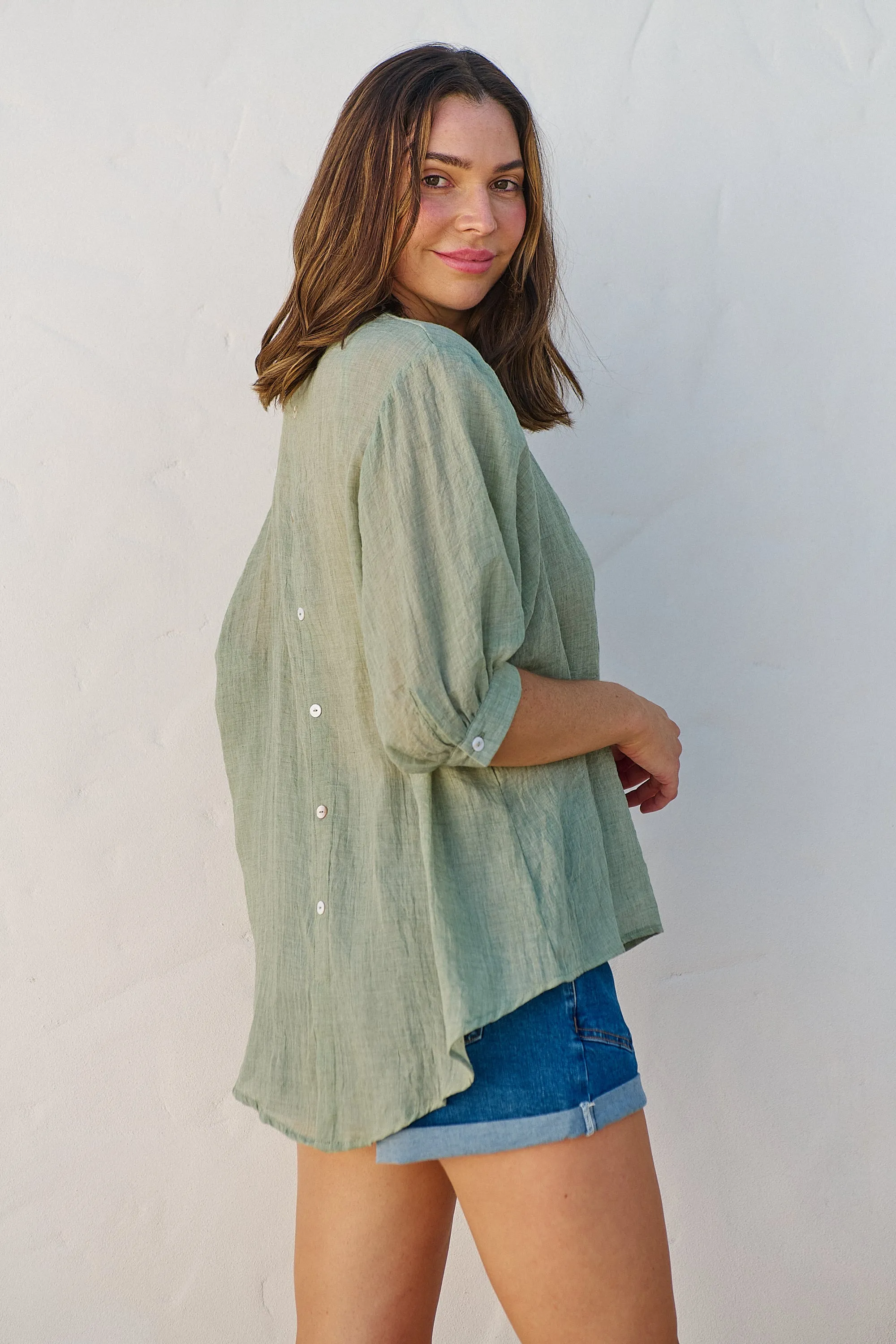 Leia Sage Button Up 3/4 Sleeve Shirt