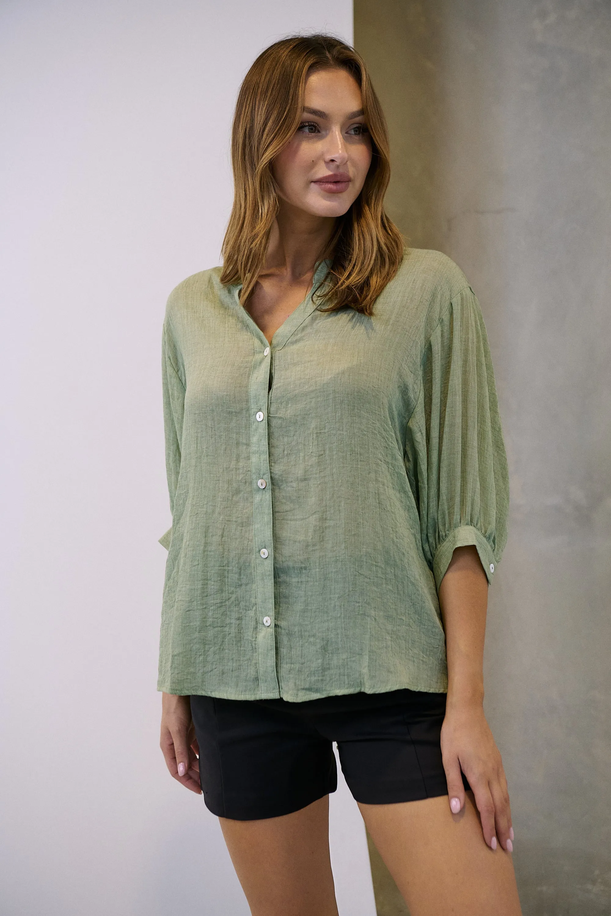 Leia Sage Button Up 3/4 Sleeve Shirt