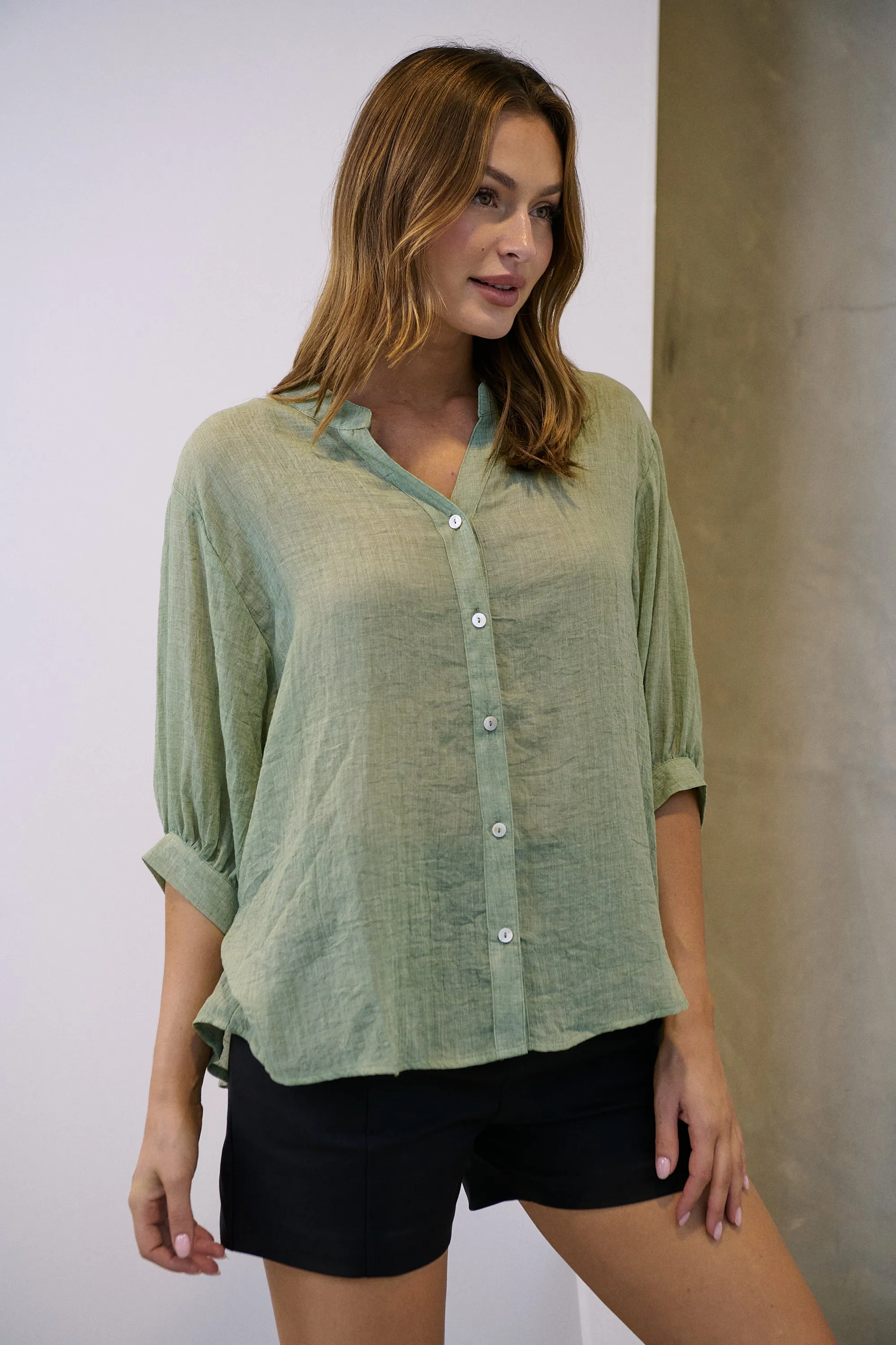 Leia Sage Button Up 3/4 Sleeve Shirt