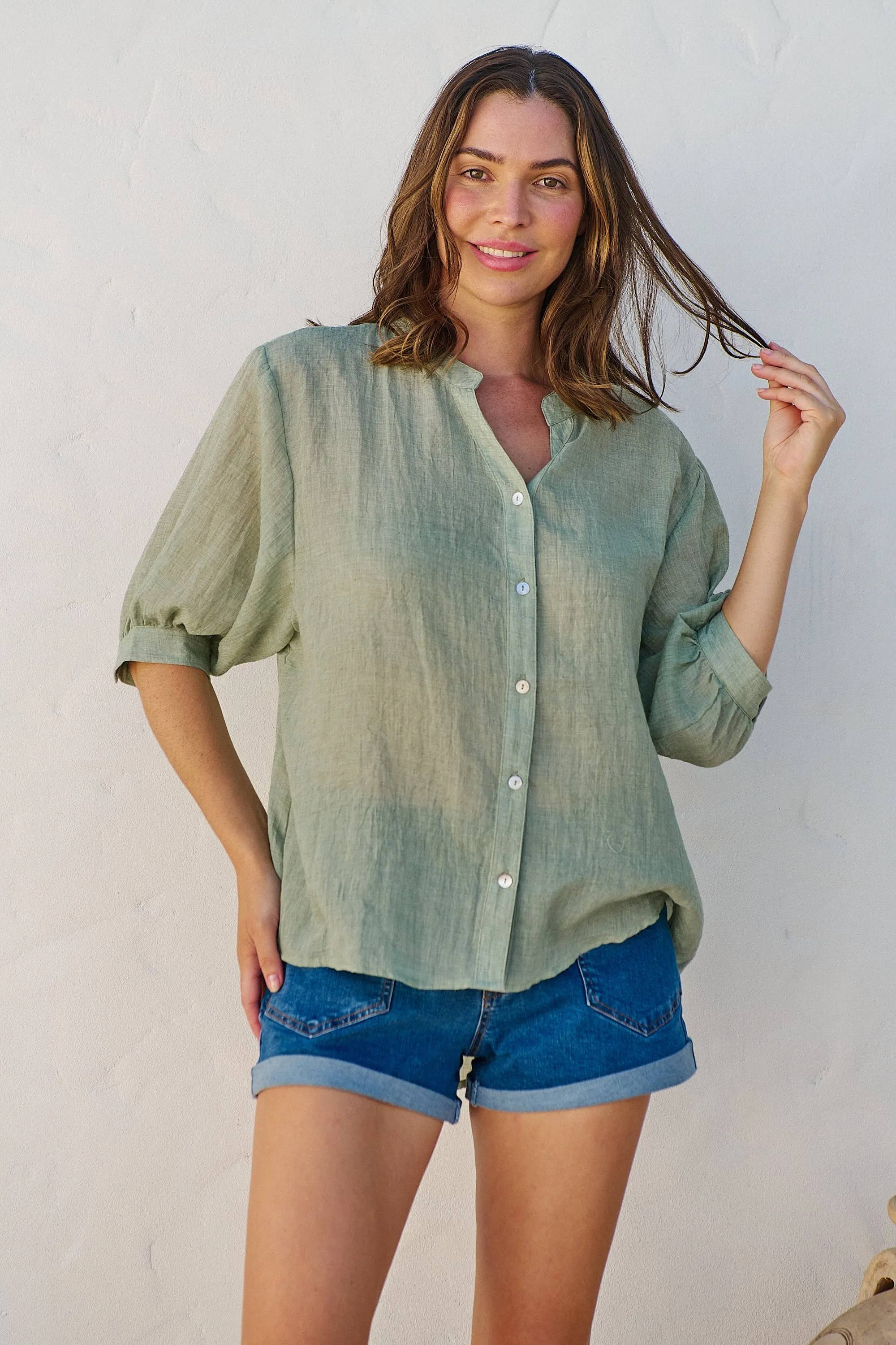 Leia Sage Button Up 3/4 Sleeve Shirt